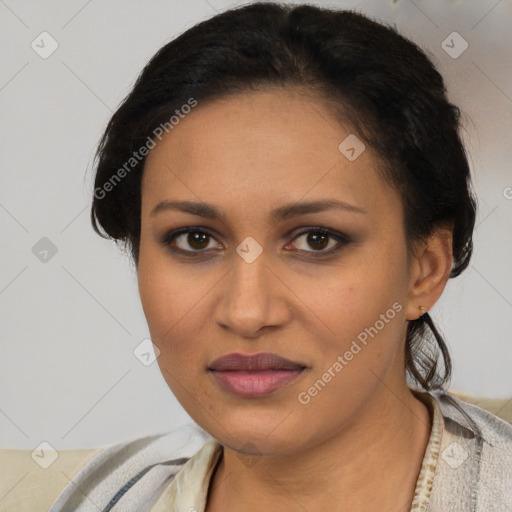 Joyful latino young-adult female with short  brown hair and brown eyes