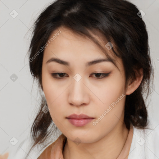 Neutral asian young-adult female with medium  brown hair and brown eyes