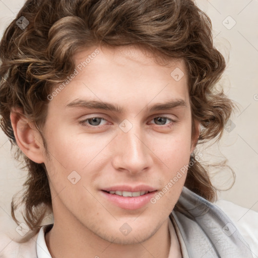 Joyful white young-adult male with medium  brown hair and brown eyes