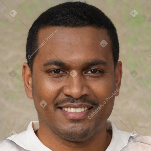 Joyful black young-adult male with short  brown hair and brown eyes