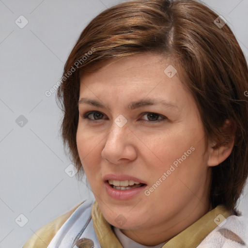 Joyful white young-adult female with medium  brown hair and blue eyes