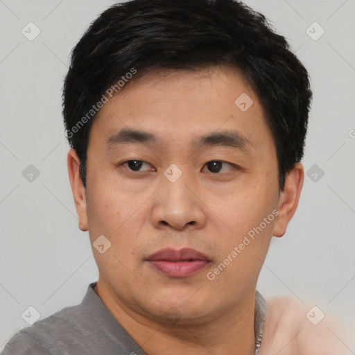 Joyful asian young-adult male with short  black hair and brown eyes