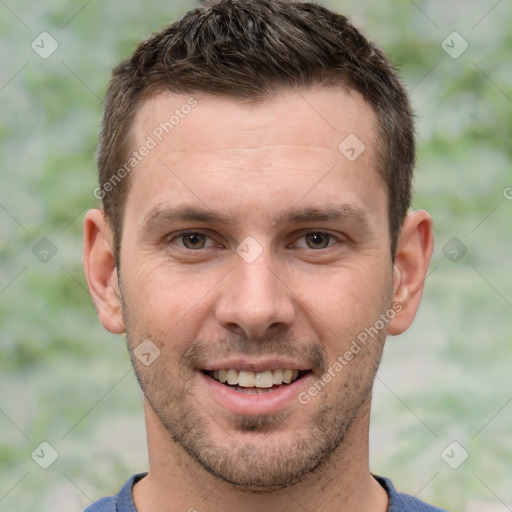 Joyful white young-adult male with short  brown hair and brown eyes