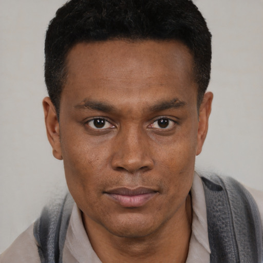 Neutral black young-adult male with short  black hair and brown eyes