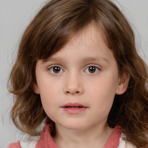 Neutral white child female with medium  brown hair and grey eyes