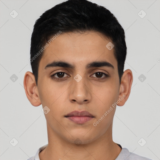 Neutral latino young-adult male with short  black hair and brown eyes