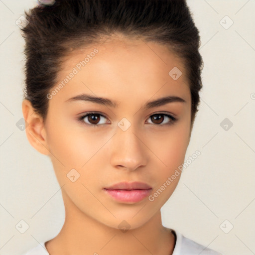 Neutral white young-adult female with medium  brown hair and brown eyes