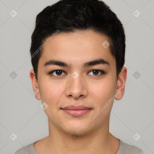 Joyful white young-adult male with short  black hair and brown eyes