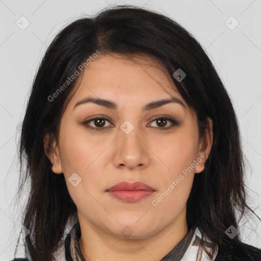 Neutral white young-adult female with long  brown hair and brown eyes