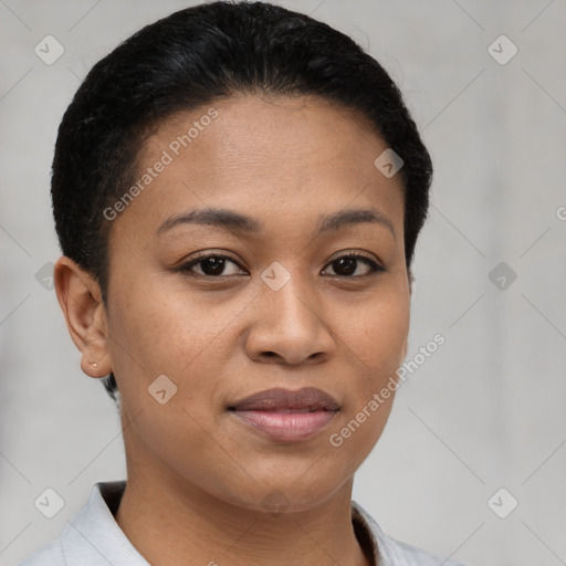 Joyful latino young-adult female with short  brown hair and brown eyes