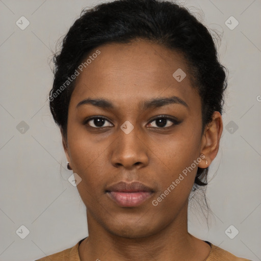 Neutral black young-adult female with short  black hair and brown eyes