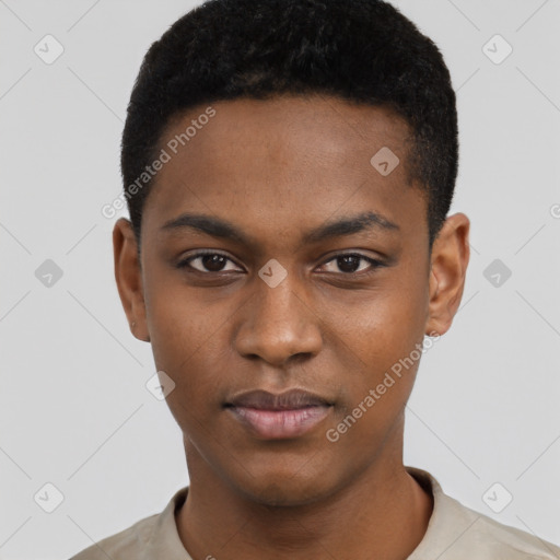 Neutral black young-adult male with short  black hair and brown eyes