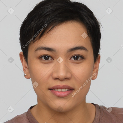 Joyful asian young-adult female with short  black hair and brown eyes