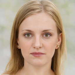 Joyful white young-adult female with medium  brown hair and green eyes