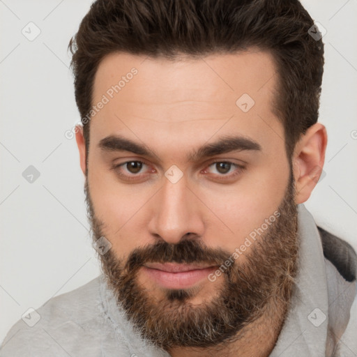 Neutral white young-adult male with short  brown hair and brown eyes