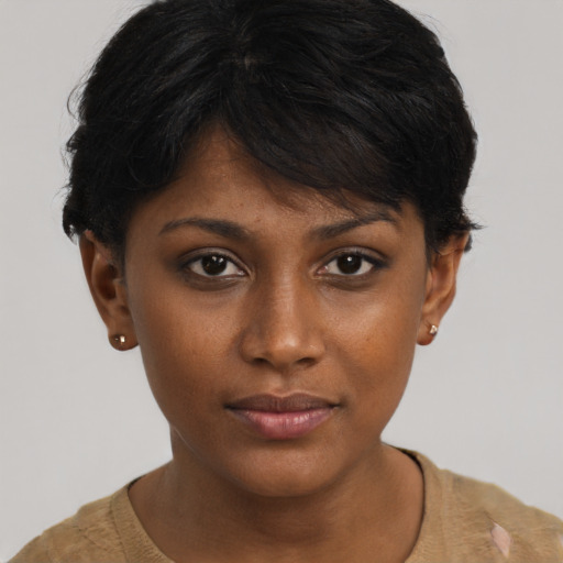 Neutral asian young-adult female with short  brown hair and brown eyes