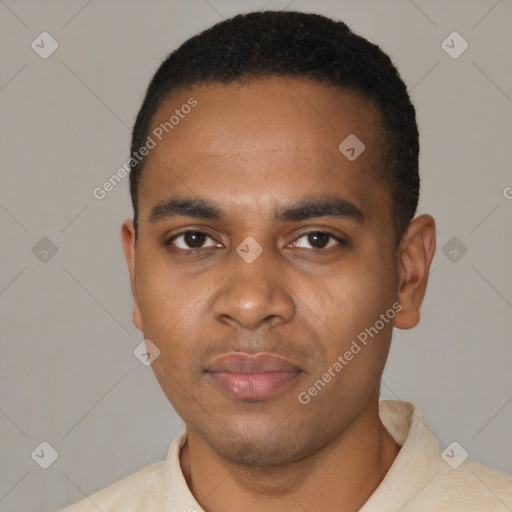 Neutral black young-adult male with short  black hair and brown eyes