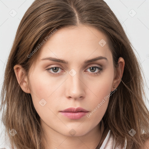 Neutral white young-adult female with long  brown hair and grey eyes