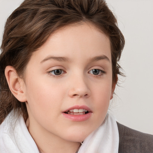 Neutral white child female with medium  brown hair and blue eyes