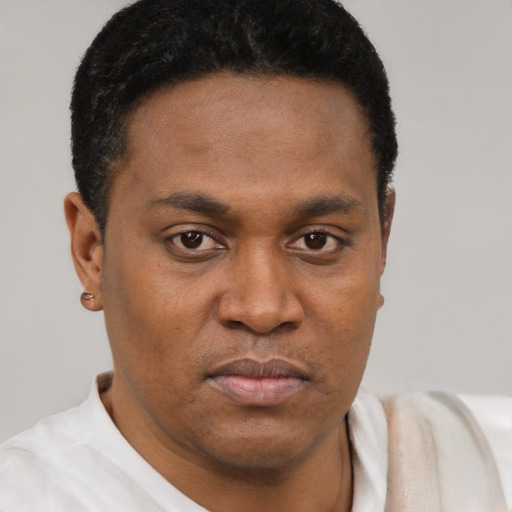 Joyful black young-adult male with short  black hair and brown eyes