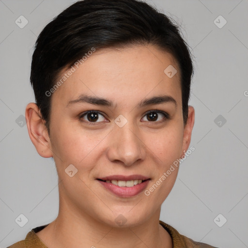 Joyful white young-adult female with short  brown hair and brown eyes