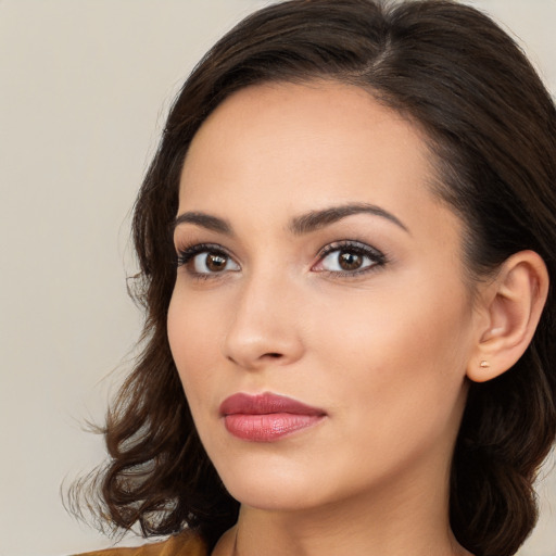 Neutral white young-adult female with medium  brown hair and brown eyes