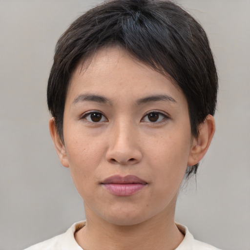Neutral asian young-adult female with short  brown hair and brown eyes