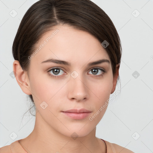 Neutral white young-adult female with medium  brown hair and brown eyes