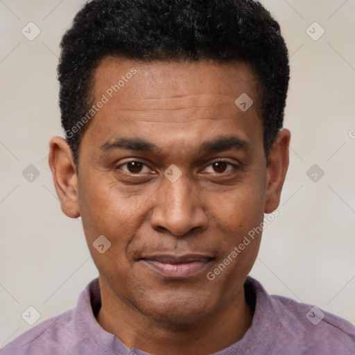 Joyful latino adult male with short  black hair and brown eyes