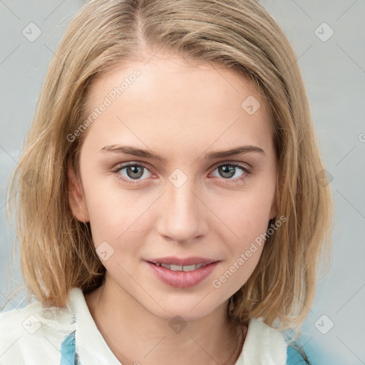 Joyful white young-adult female with medium  brown hair and blue eyes