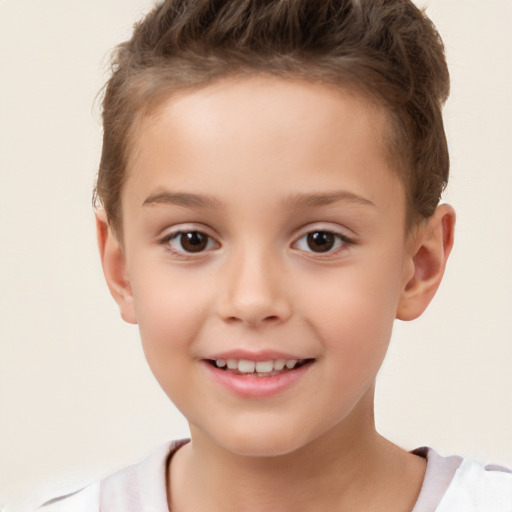 Joyful white child female with short  brown hair and brown eyes