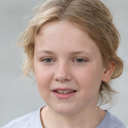 Joyful white child female with medium  brown hair and blue eyes