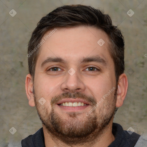 Neutral white young-adult male with short  brown hair and brown eyes