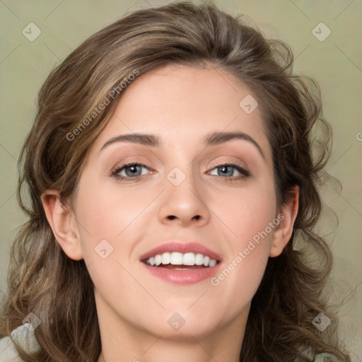 Joyful white young-adult female with medium  brown hair and green eyes