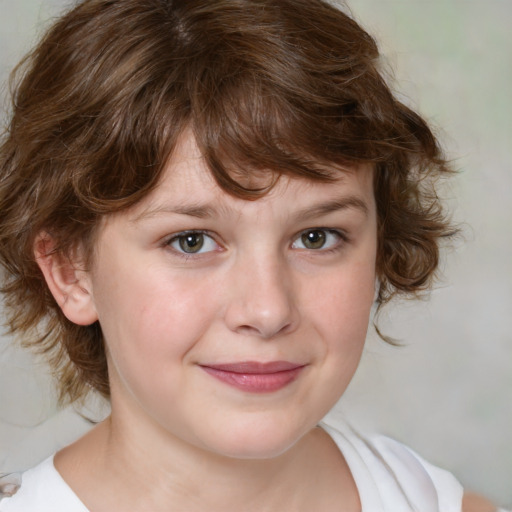 Joyful white young-adult female with medium  brown hair and green eyes