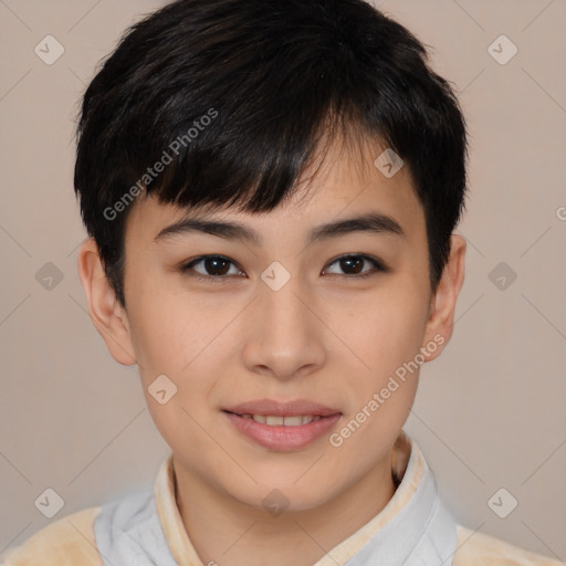 Joyful asian young-adult female with short  brown hair and brown eyes