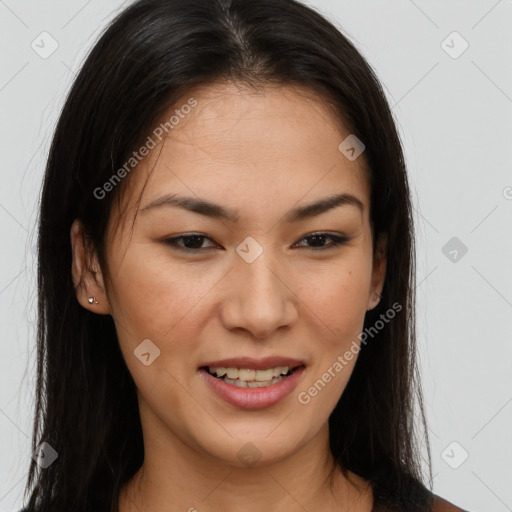 Joyful asian young-adult female with long  brown hair and brown eyes