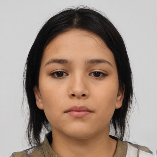Neutral asian young-adult female with medium  brown hair and brown eyes