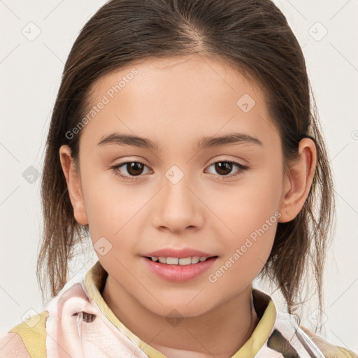 Joyful white child female with medium  brown hair and brown eyes