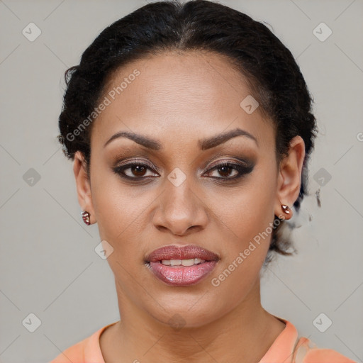 Joyful black young-adult female with short  brown hair and brown eyes