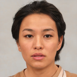 Neutral asian young-adult female with medium  brown hair and brown eyes