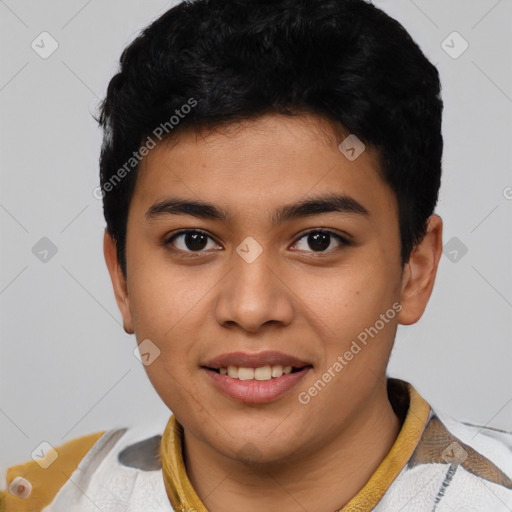 Joyful latino young-adult male with short  black hair and brown eyes