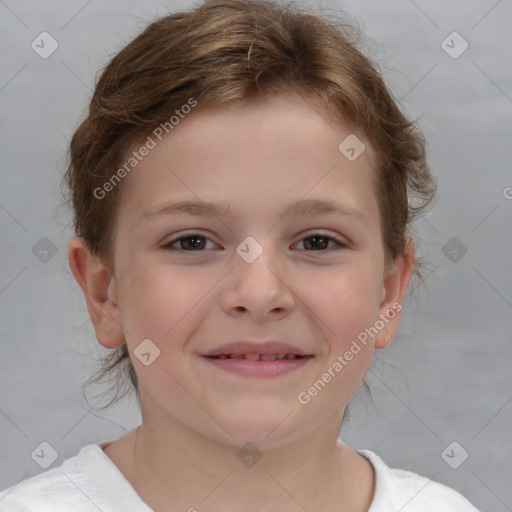 Joyful white child female with medium  brown hair and brown eyes