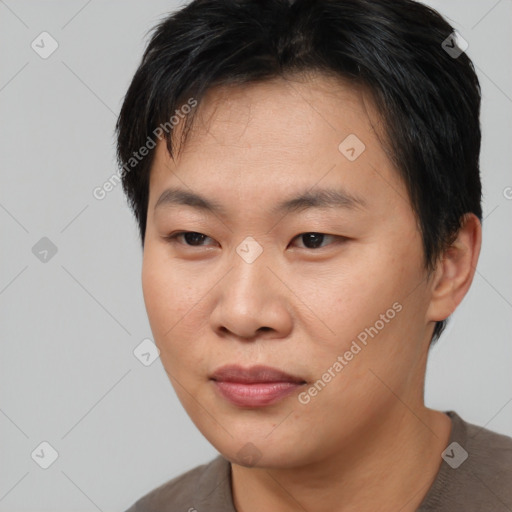 Joyful asian young-adult female with short  brown hair and brown eyes