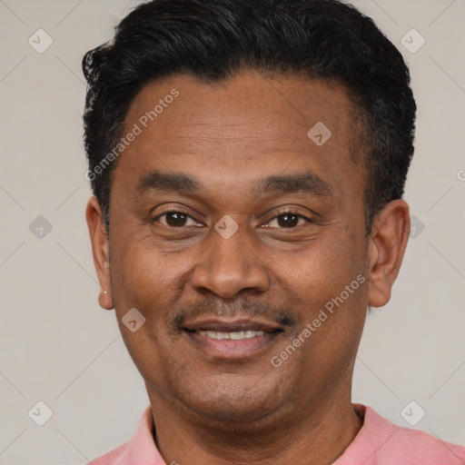 Joyful latino adult male with short  black hair and brown eyes