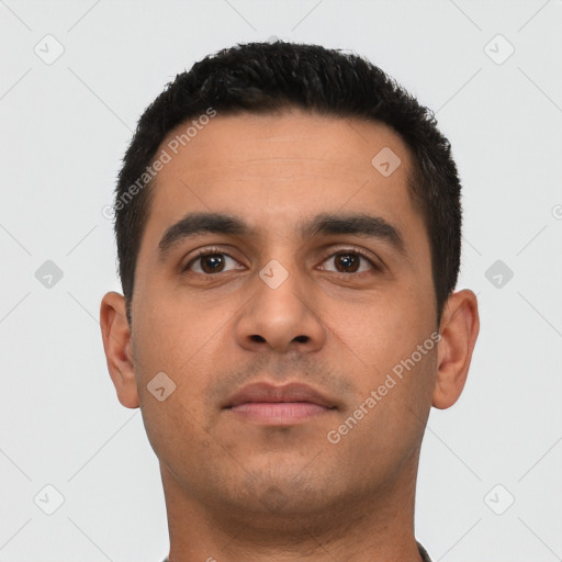 Neutral latino young-adult male with short  black hair and brown eyes
