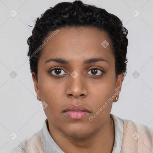 Neutral latino young-adult female with short  black hair and brown eyes