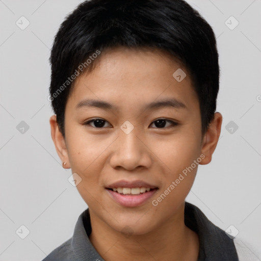 Joyful asian young-adult female with short  black hair and brown eyes