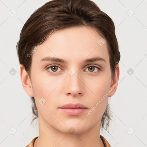 Neutral white young-adult female with short  brown hair and brown eyes