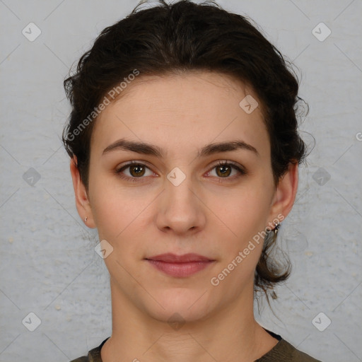 Neutral white young-adult female with short  brown hair and brown eyes